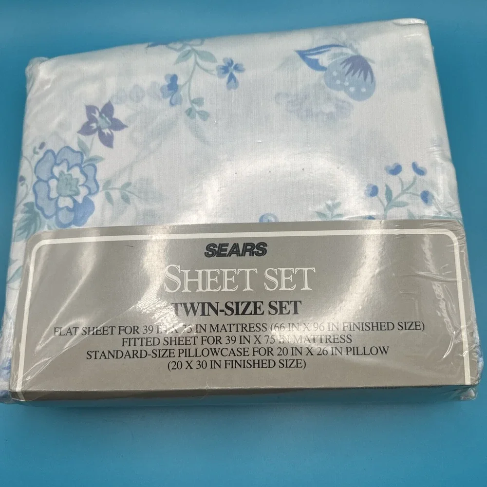 Vintage 70s Sears Twin Sheet Set New Sealed Blue Butterflies Flowers White NOS‎